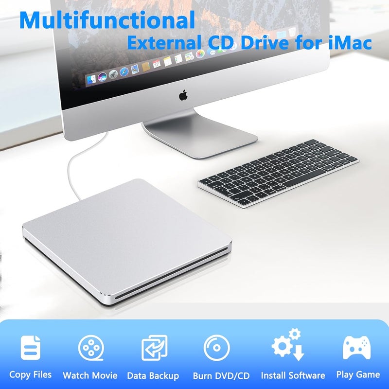 Guamar External CD Drive for Mac: USB 3.0 Superdrive for Apple MacBook - Slim & Portable Slot-in DVD Burner for Laptop PC Windows with USB-C Adapter - Plug & Play Aluminum (Silver) - Image 3